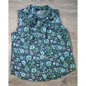 Talbots Blouse Womens Small Petite Multicolor Floral Tie Neck Curved Hem‎